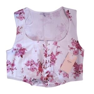 Cottagecore Cropped Unlined Lace-Up Corset Top Bustier Pink White Floral Sz L